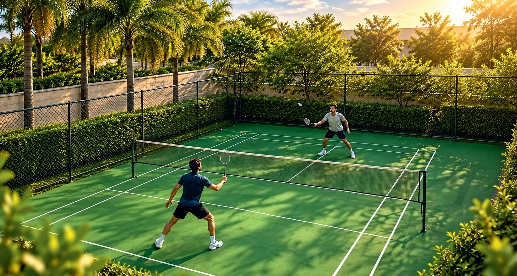 Render of an outdoor badminton court enclosed by hedges and palms