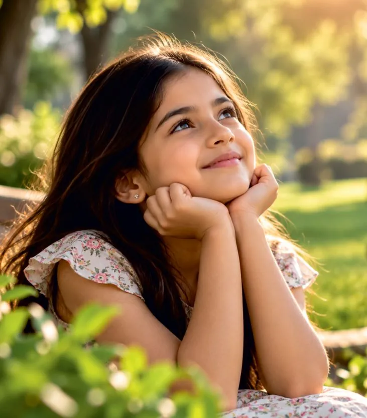 Illustrative image of a girl resting her chin on her hands in a garden