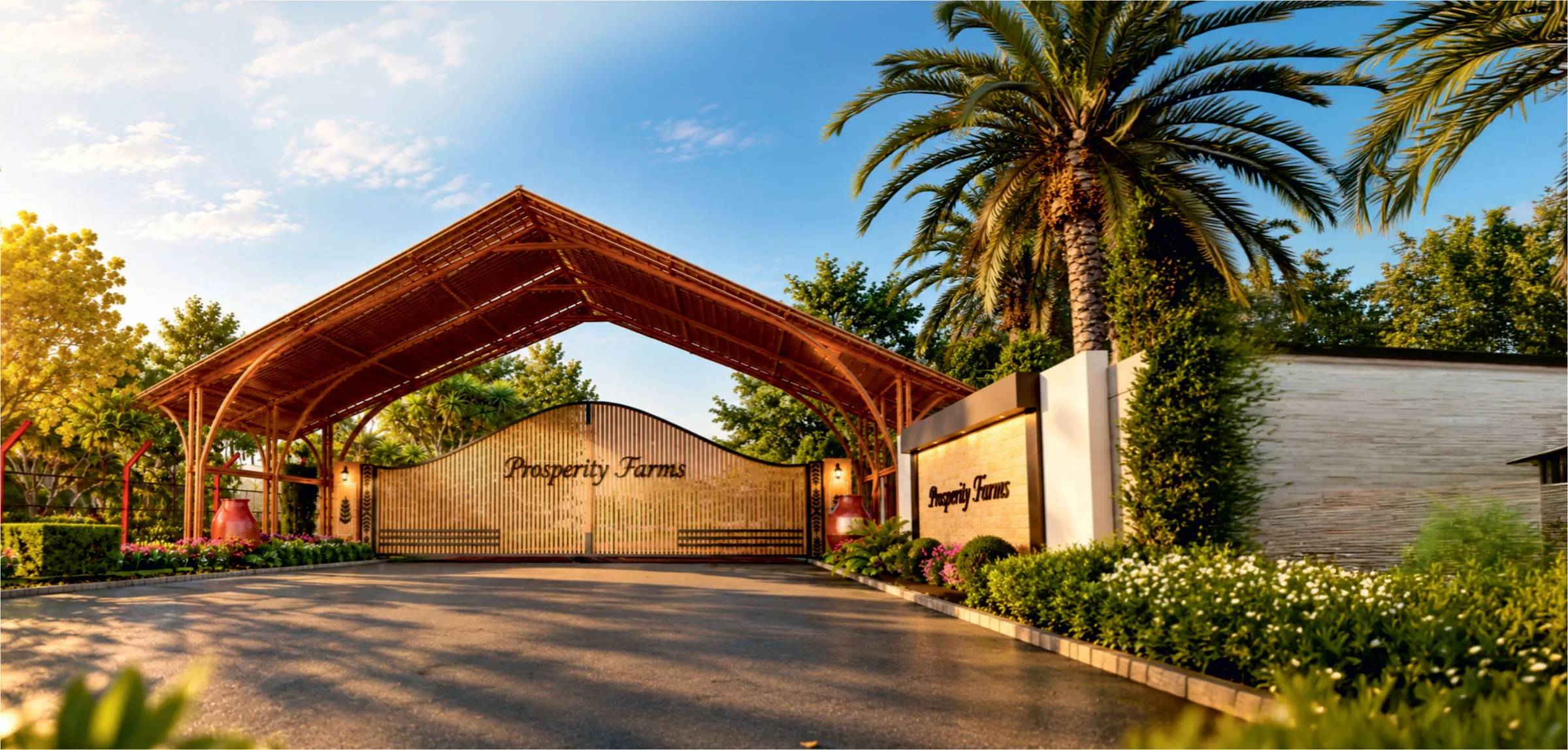 Render of the estate entrance canopy and gate by day, with the stone-clad Prosperity Farms name wall