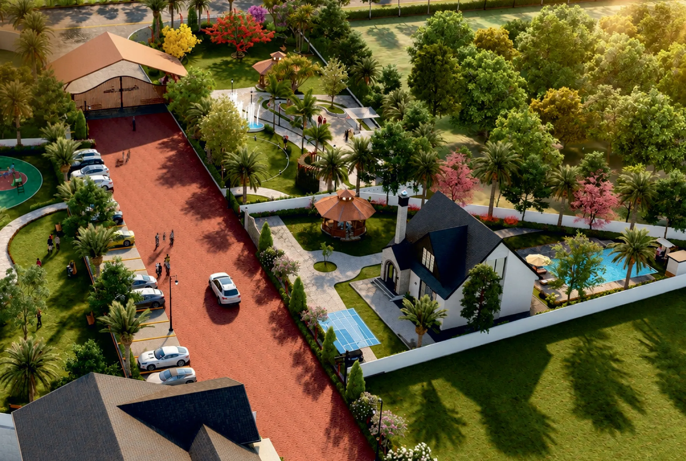 Aerial render of the entrance zone: red-paved main avenue, parking, play area, gazebos and landscaped lawns