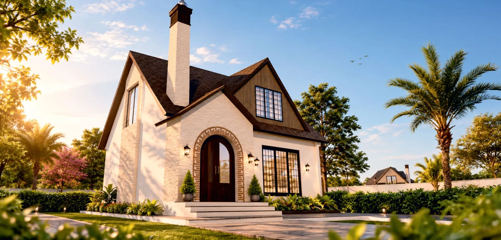 Render of a farmhouse villa with a steep shingled roof, white stone walls, tall chimney and an arched timber door
