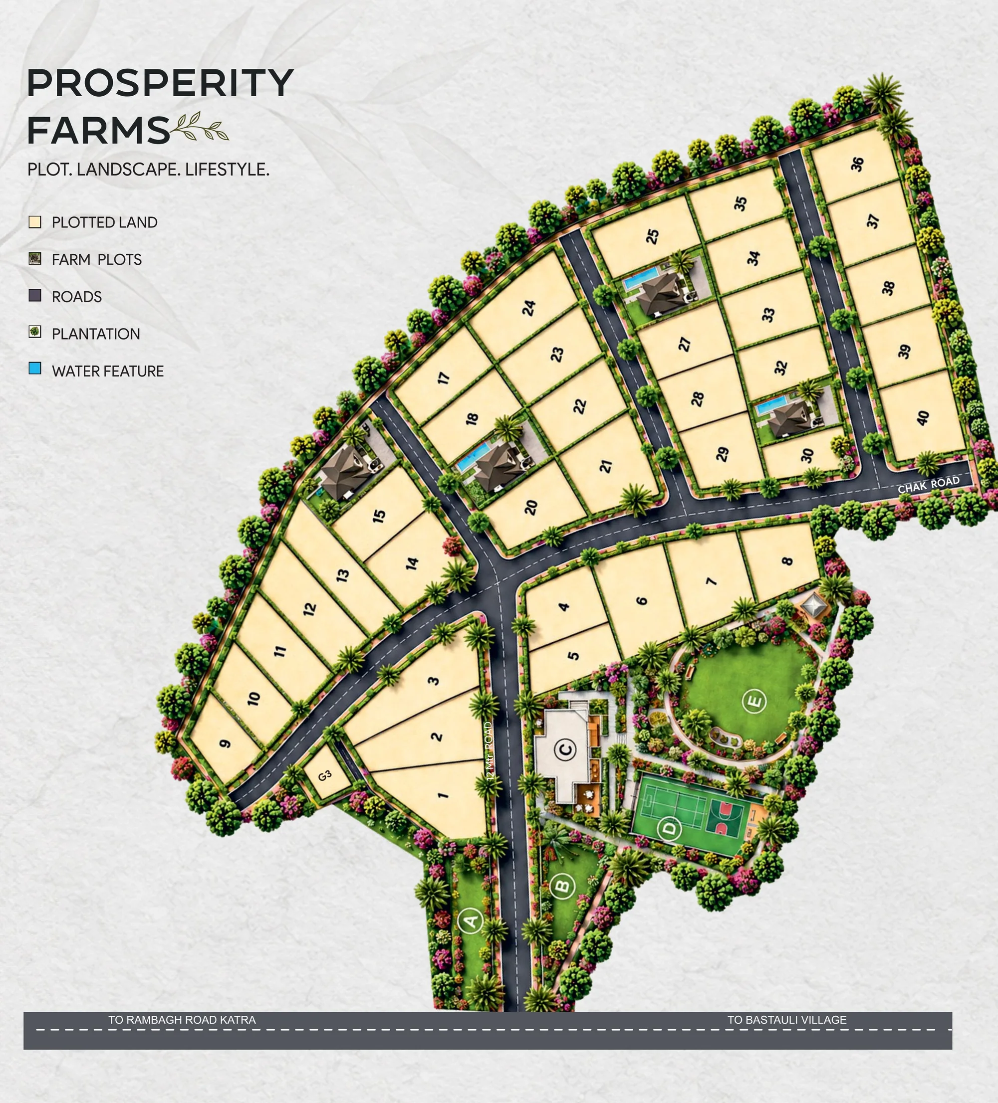 Prosperity Farms master plan showing 40 numbered plots, internal roads, a 12 m main road, Chak Road and amenity zones A to E